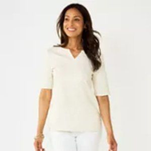 Croft & Barrow Beige/White Floral Elbow-Sleeve Splitneck Top / NWT / Size XXL